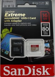MicroSDHC Card 16GB Sandisk Extreme 80MB/s Class10 adaptor